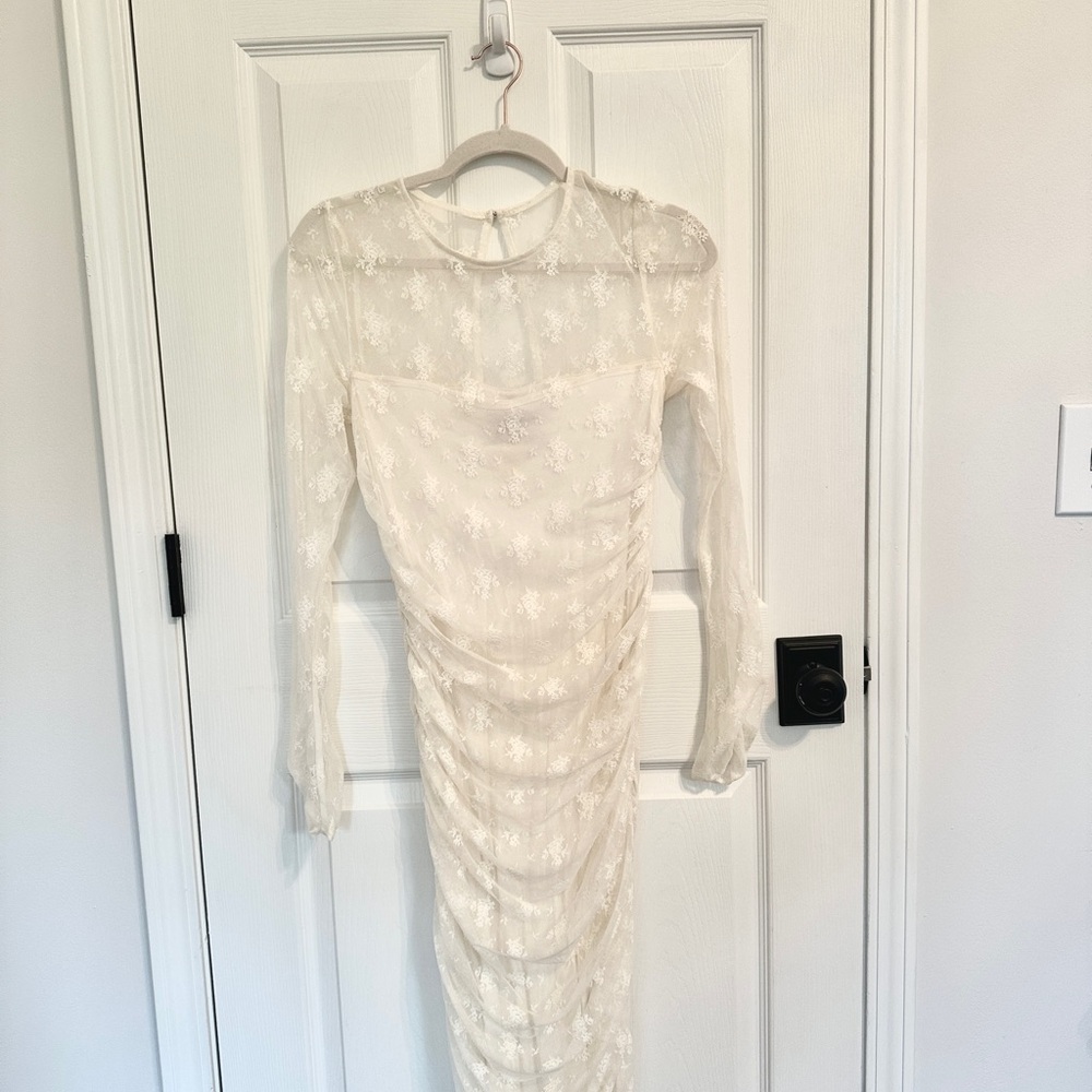 BHLDN Bailee Stretch Lace Ruched Midi Dress